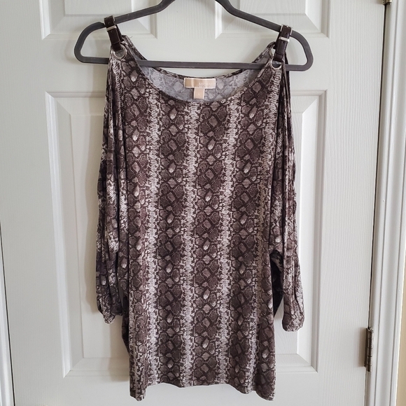 MICHAEL MICHAEL KORS Brown Snake Print Cold Shoulder 3/4 Ruched Sleeves size L - Picture 1 of 12